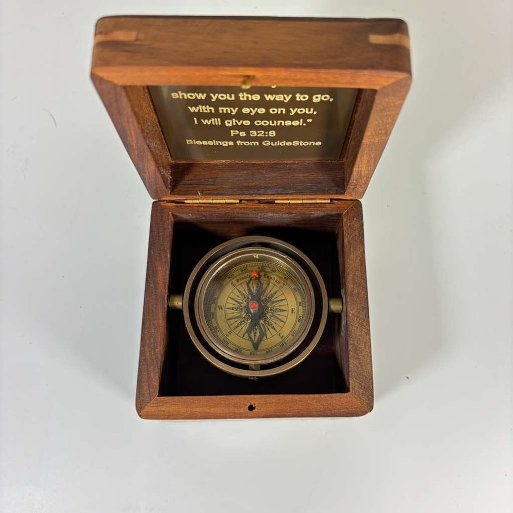 Vintage Boxed Gimbaled Brass Compass Engraved With Psalm 32:8 Guidestone